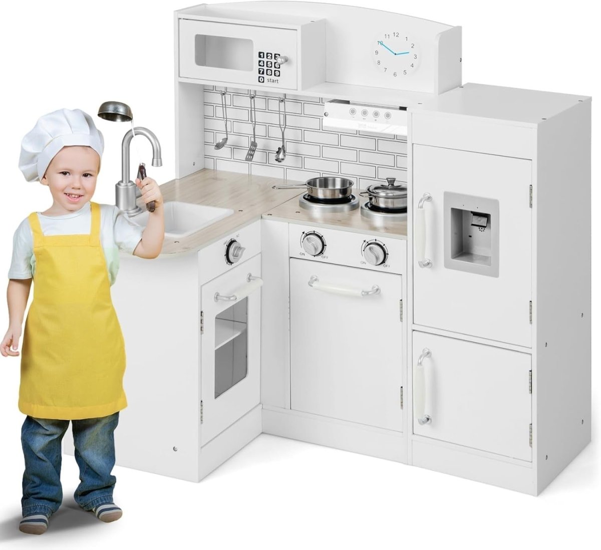 Kids Corner Wooden Play Kitchen White Toy Set Fridge Microwave Sink - Kwikley