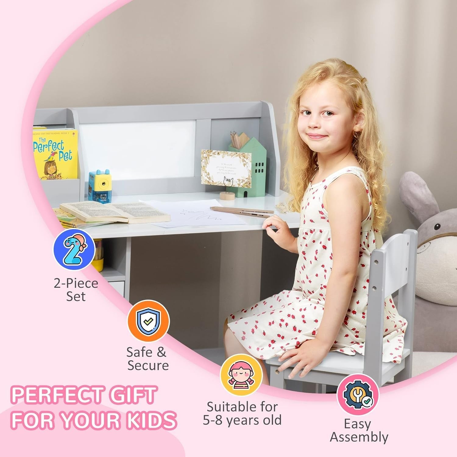 Kids Desk and Chair Set with Storage Whiteboard Study Table Furniture Grey - Kwikley