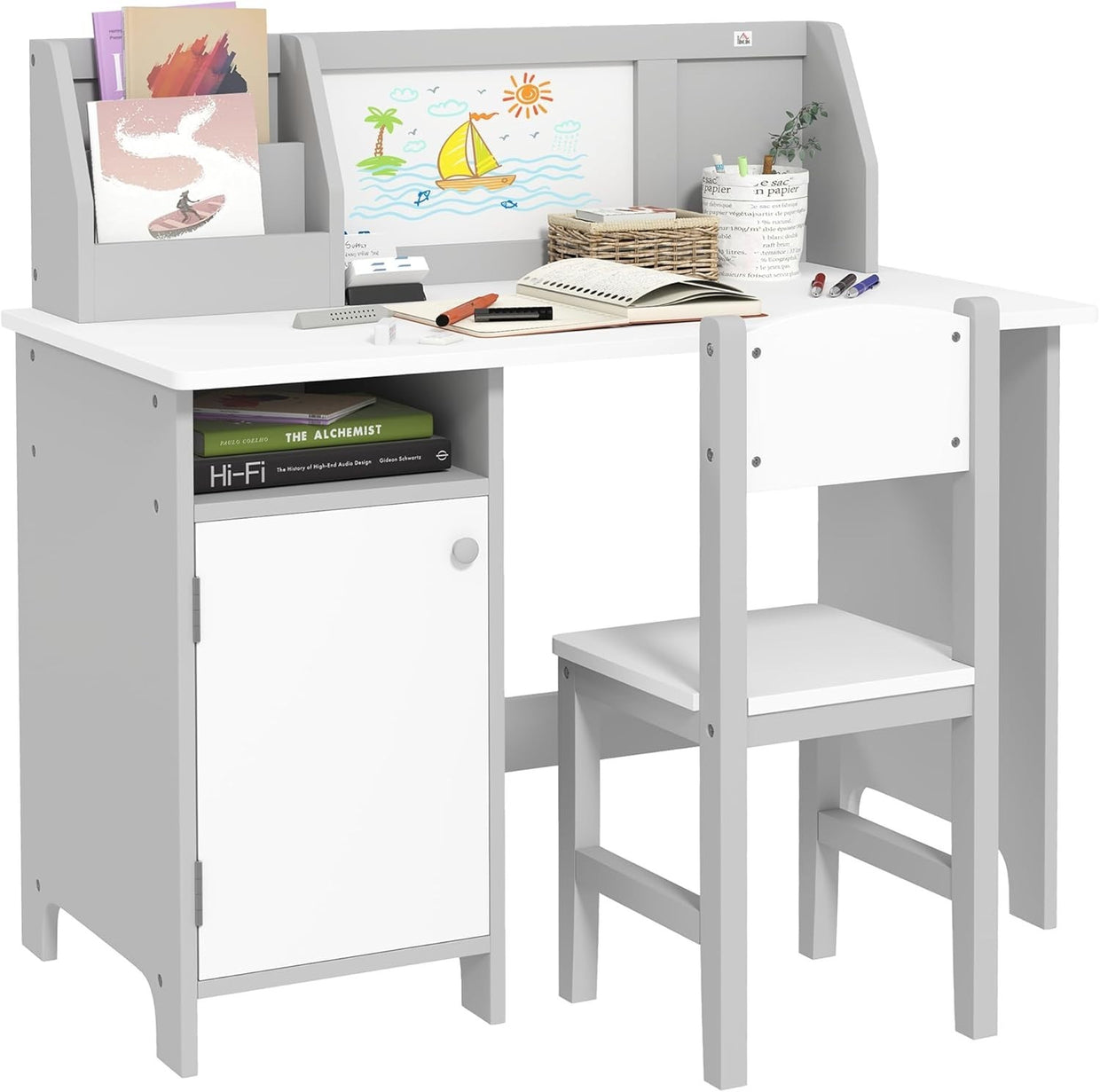 Kids Desk and Chair Set with Storage Whiteboard Study Table Furniture Grey - Kwikley