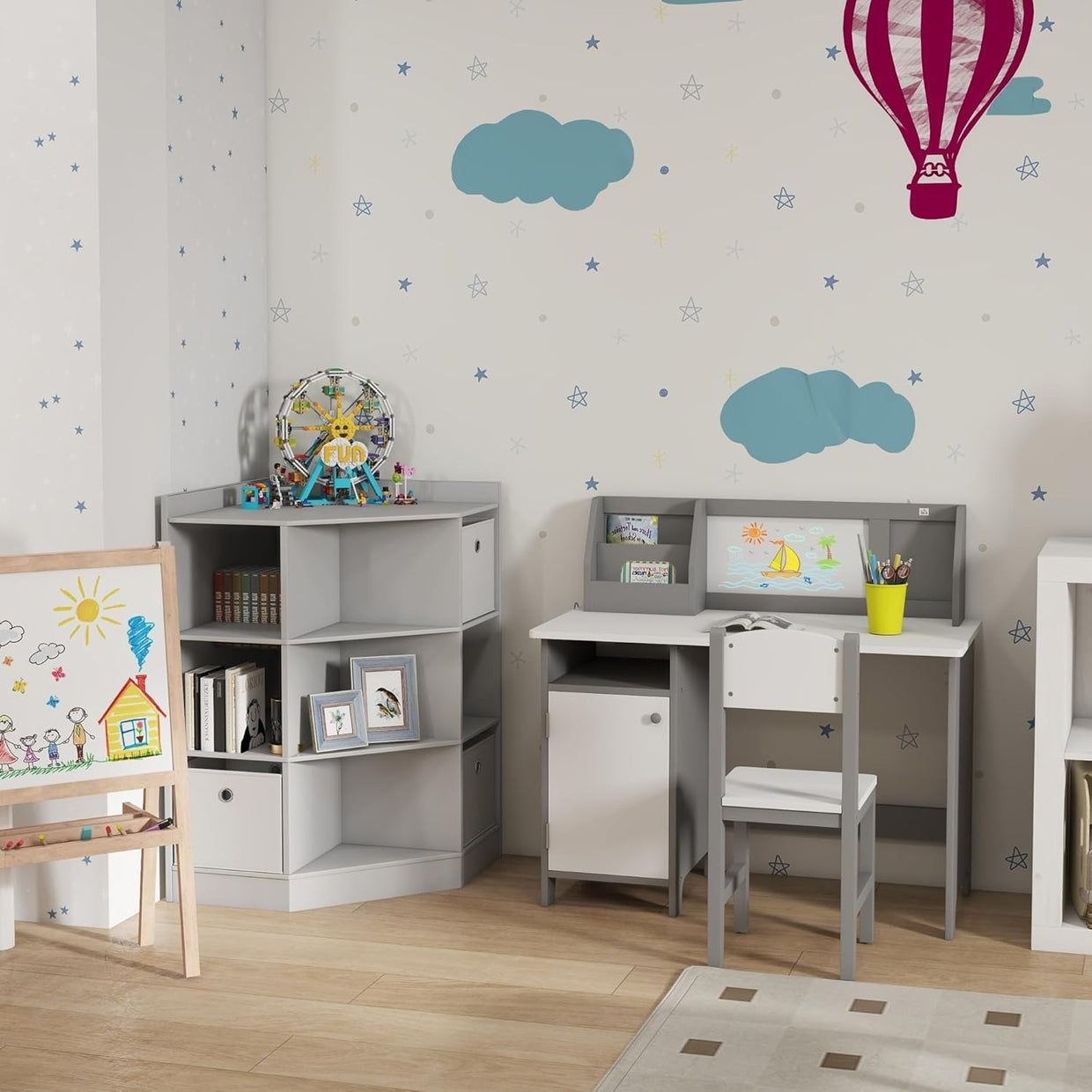 Kids Desk and Chair Set with Whiteboard & Storage – Grey Study Table - Kwikley