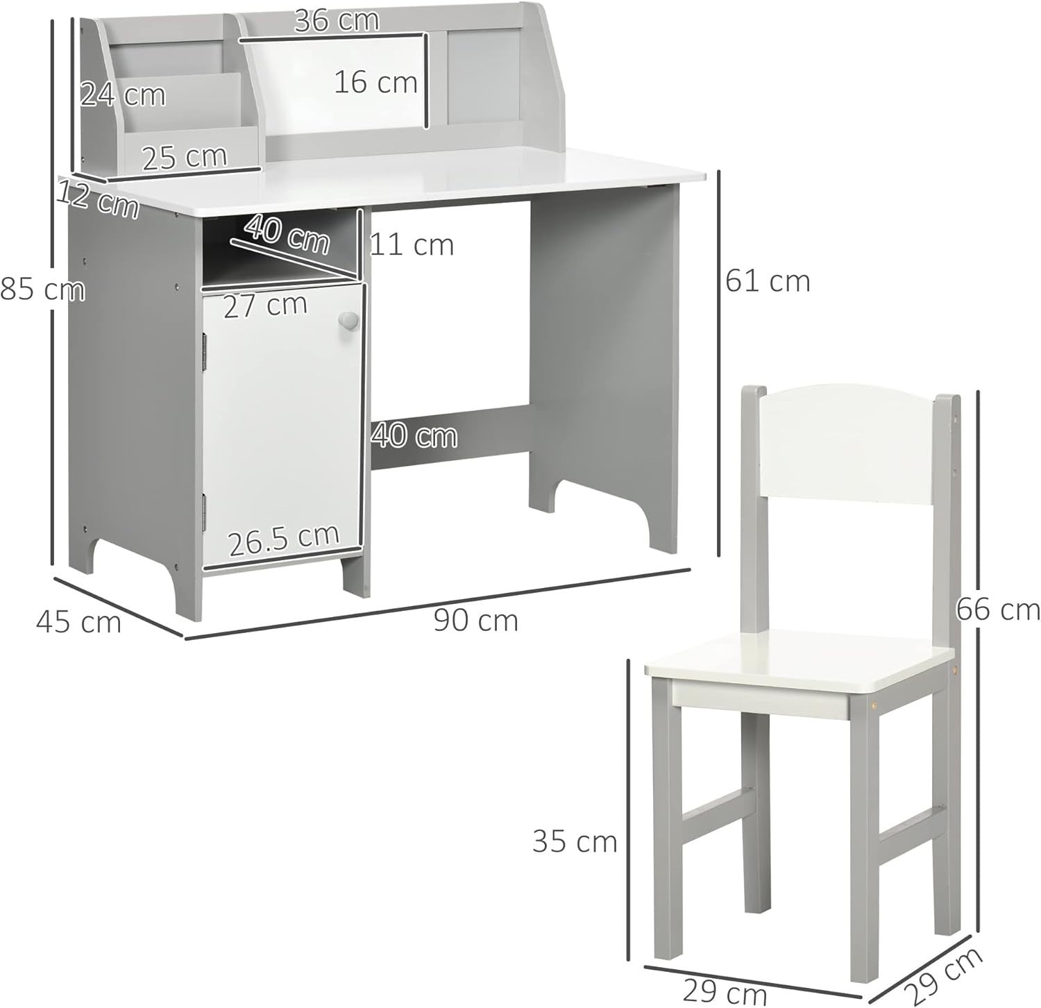 Kids Desk and Chair Set with Whiteboard & Storage – Grey Study Table - Kwikley