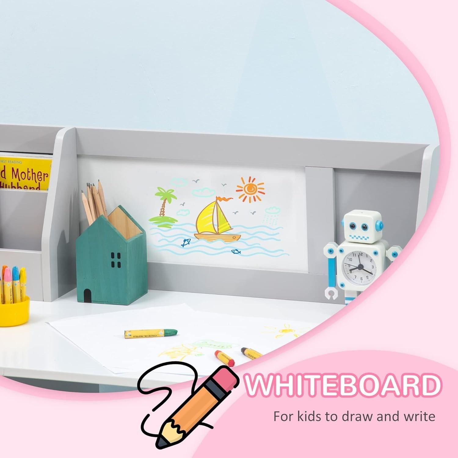 Kids Desk and Chair Set with Whiteboard & Storage – Grey Study Table - Kwikley