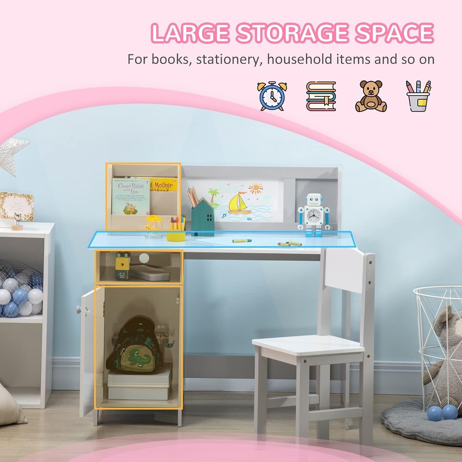 Kids Desk and Chair Set with Whiteboard & Storage – Grey Study Table - Kwikley