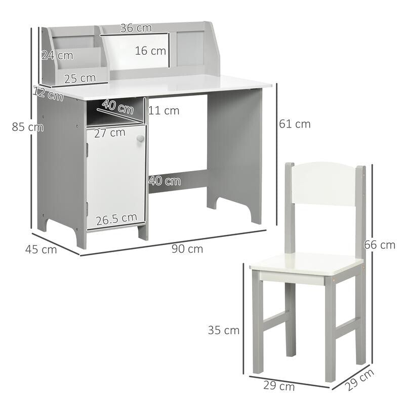 Kids Desk & Chair Set White Grey w/ Storage & Whiteboard Table Ages 5–8 - Kwikley