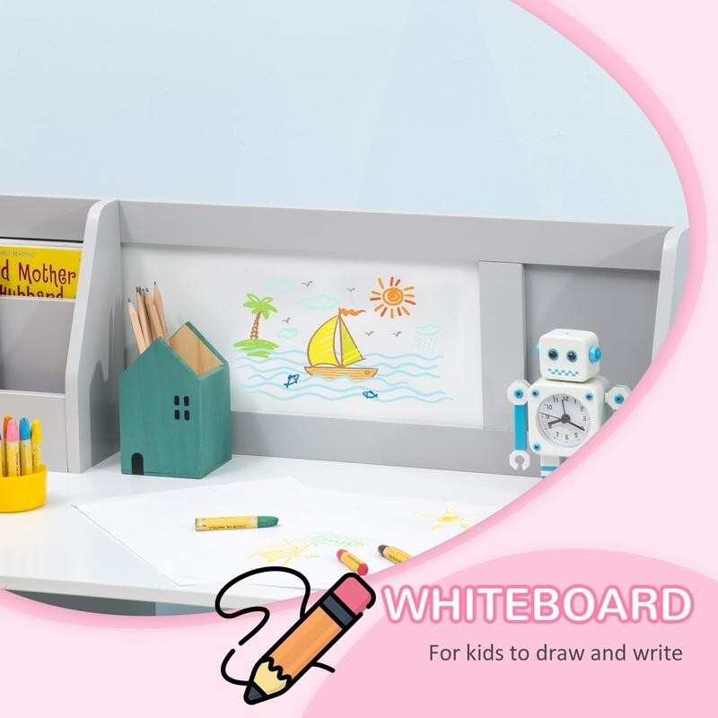 Kids Desk & Chair Set White Grey w/ Storage & Whiteboard Table Ages 5–8 - Kwikley