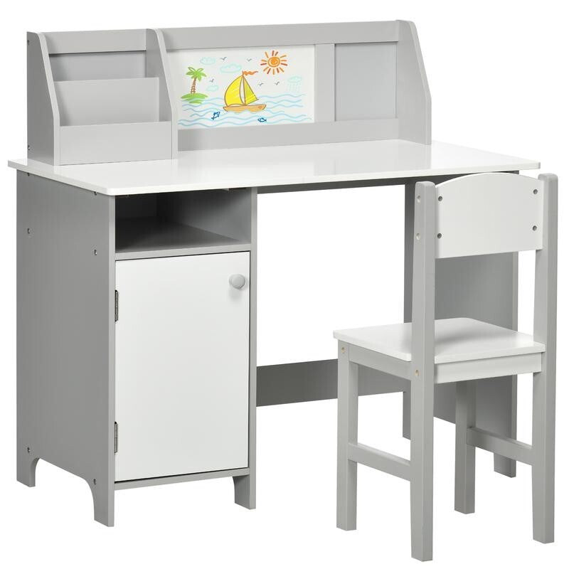 Kids Desk & Chair Set White Grey w/ Storage & Whiteboard Table Ages 5–8 - Kwikley