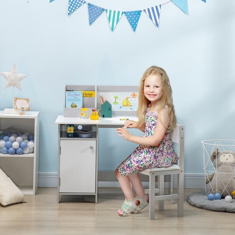 Kids Desk & Chair Set White Grey w/ Storage & Whiteboard Table Ages 5–8 - Kwikley