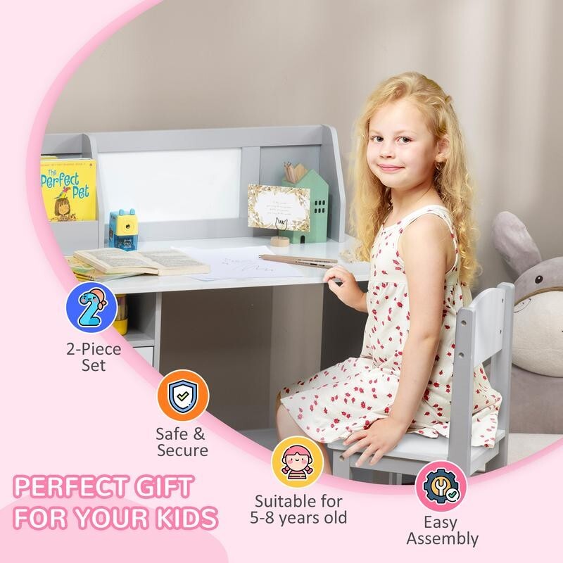 Kids Desk & Chair Set White Grey w/ Storage & Whiteboard Table Ages 5–8 - Kwikley