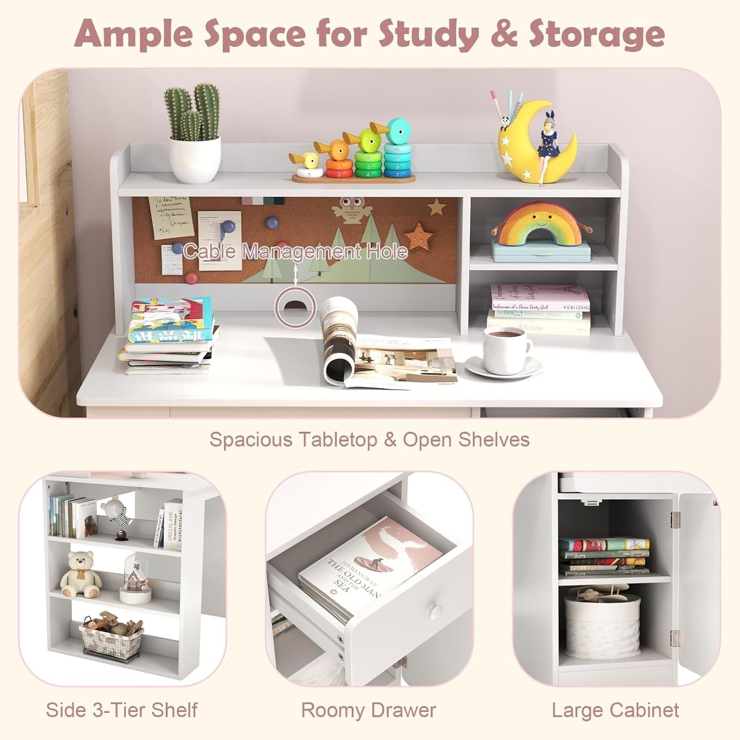 Kids Desk & Chair Set with Storage, Cork Board & Shelves Pink Study Table - Kwikley
