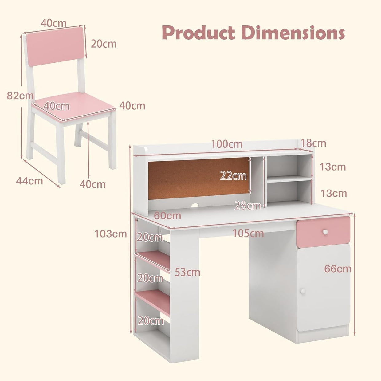Kids Desk & Chair Set with Storage, Cork Board & Shelves Pink Study Table - Kwikley