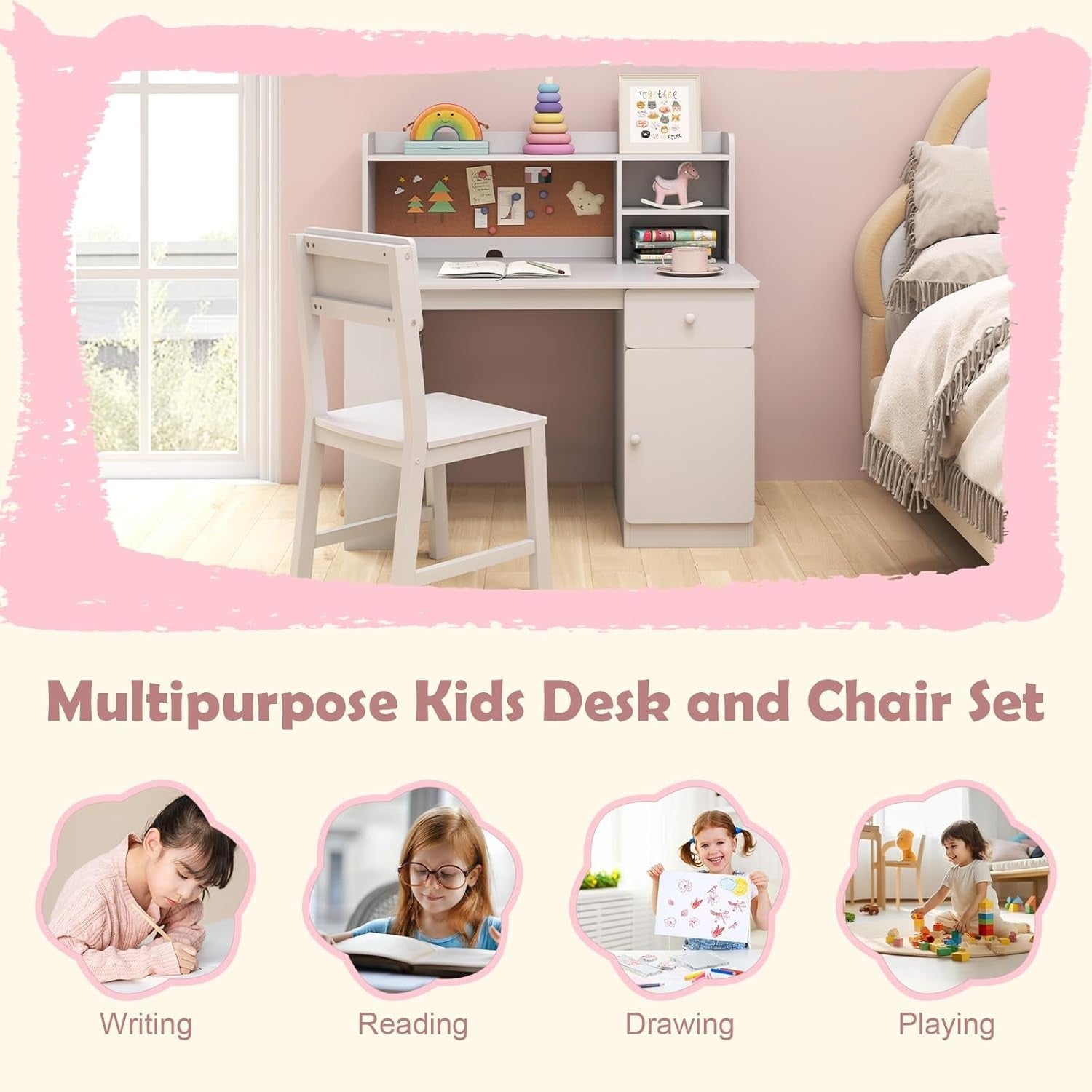 Kids Desk & Chair Set with Storage, Cork Board & Shelves Pink Study Table - Kwikley