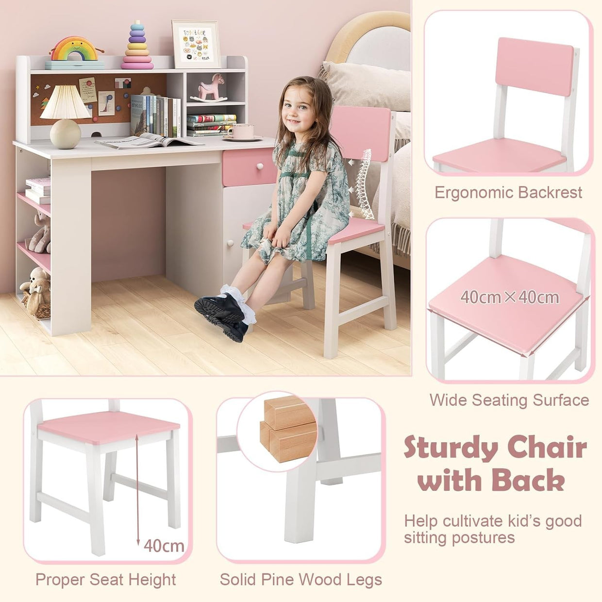 Kids Desk & Chair Set with Storage, Cork Board & Shelves Pink Study Table - Kwikley