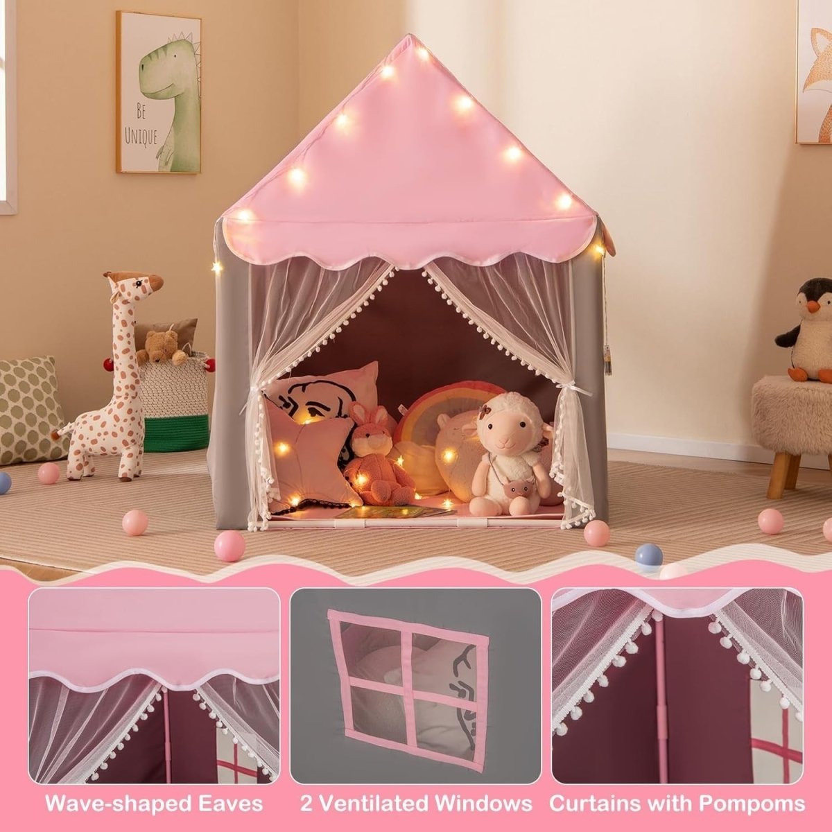 Kids Fairy Castle Play Tent Indoor Outdoor w/ Lights Mat Girls Boys Gift - Kwikley