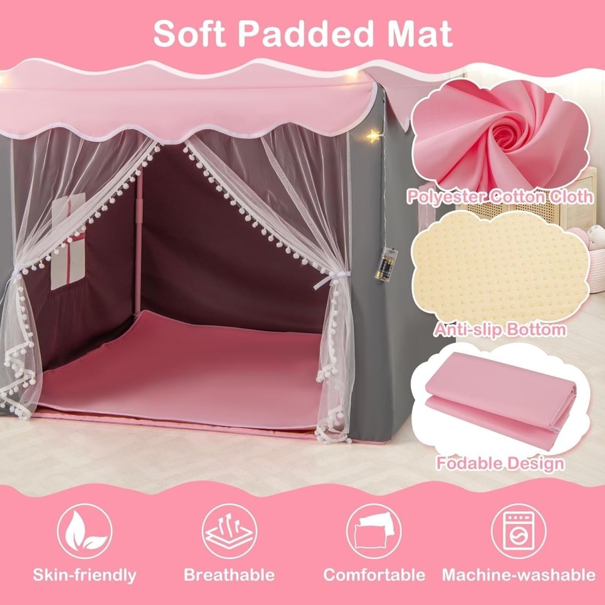 Kids Fairy Castle Play Tent Indoor Outdoor w/ Lights Mat Girls Boys Gift - Kwikley