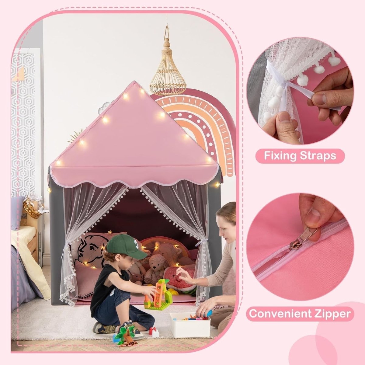 Kids Fairy Castle Play Tent Indoor Outdoor w/ Lights Mat Girls Boys Gift - Kwikley