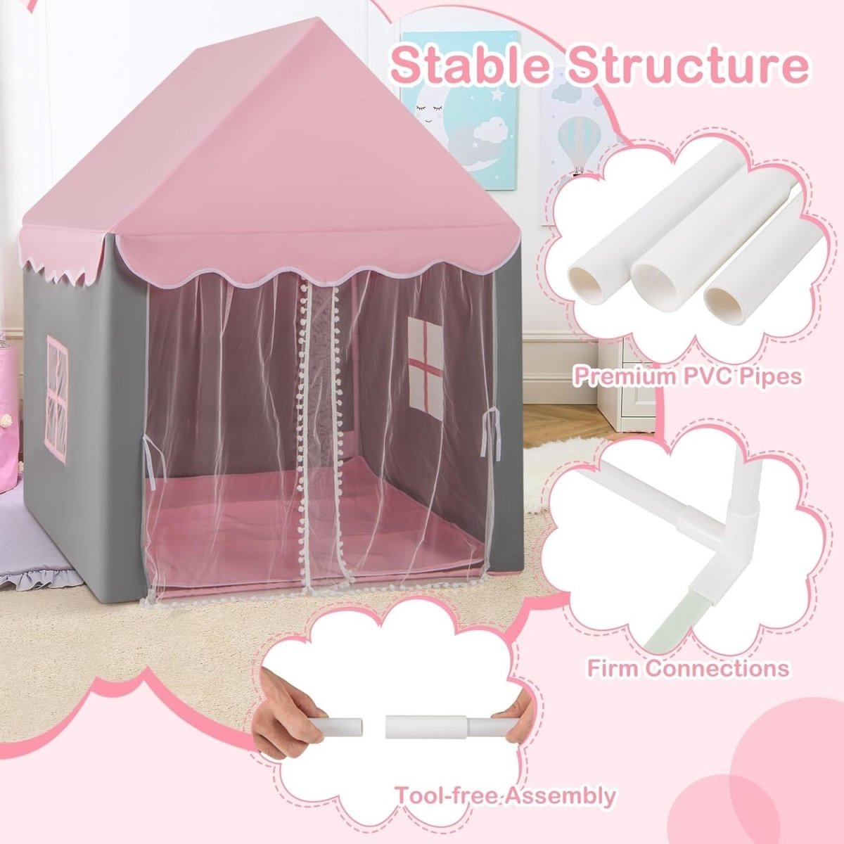 Kids Fairy Castle Play Tent Indoor Outdoor w/ Lights Mat Girls Boys Gift - Kwikley