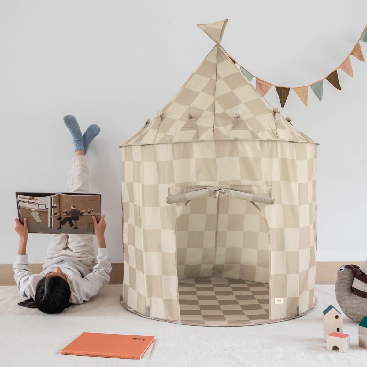 Kids Indoor Play Tent Castle Fort Recycled Fabric Beige Playhouse - Kwikley