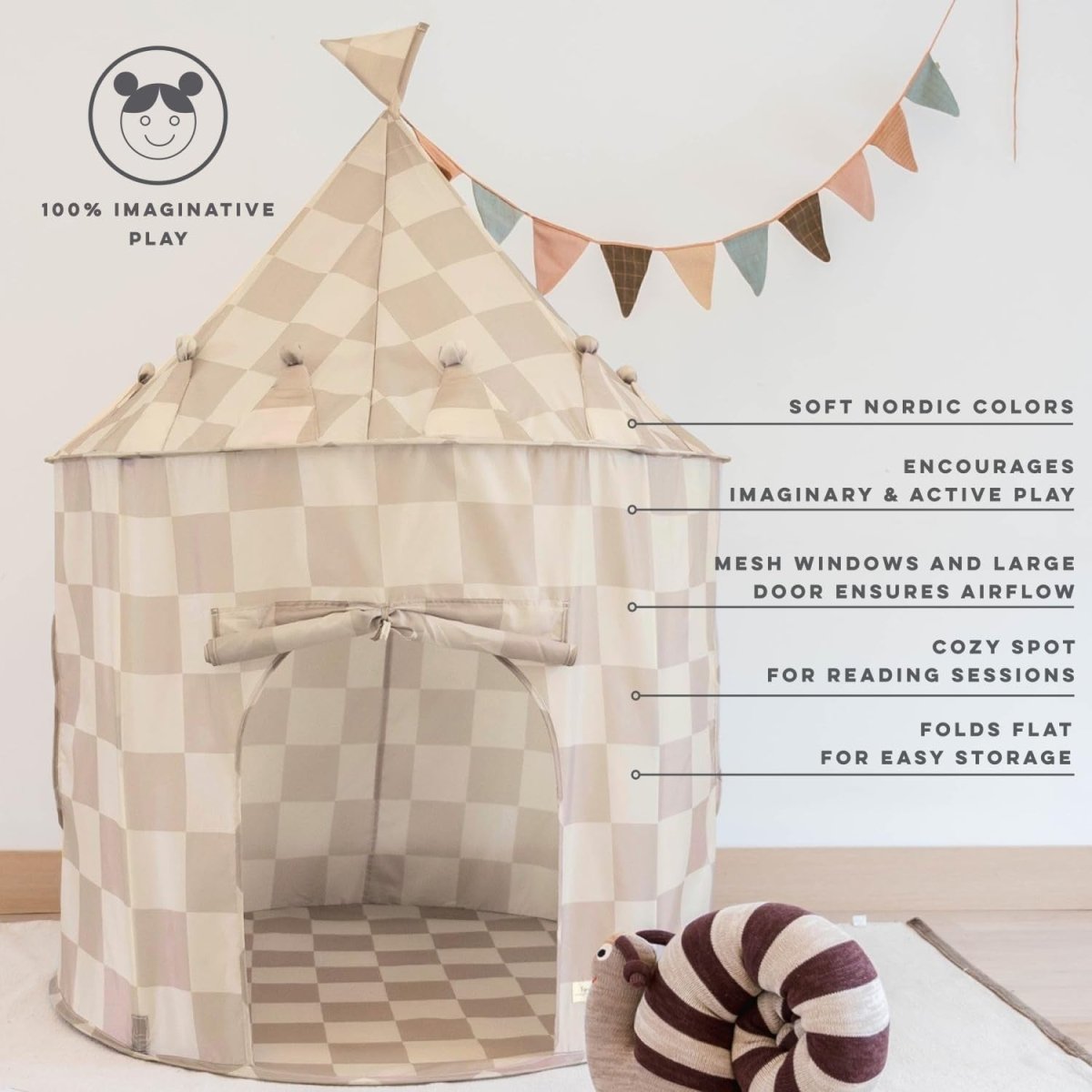 Kids Indoor Play Tent Castle Fort Recycled Fabric Beige Playhouse - Kwikley