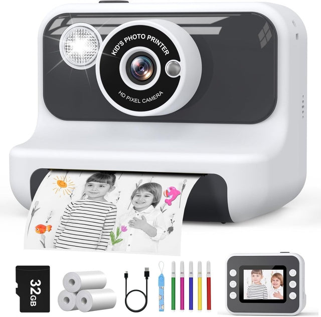 Kids Instant Print Camera 1080P HD 32GB Card Photo Paper Toy White