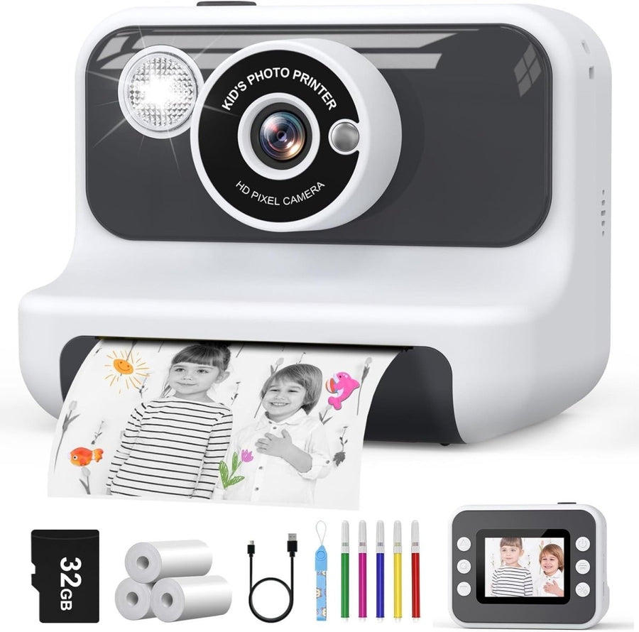 Kids Instant Print Camera 1080P HD 32GB Card Photo Paper Toy White - Kwikley