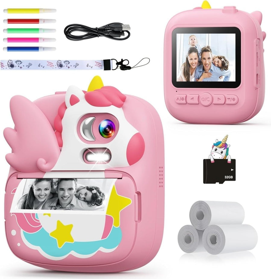 Kids Instant Print Camera 12MP 1080P HD 32GB Card Photo Paper Pink - Kwikley