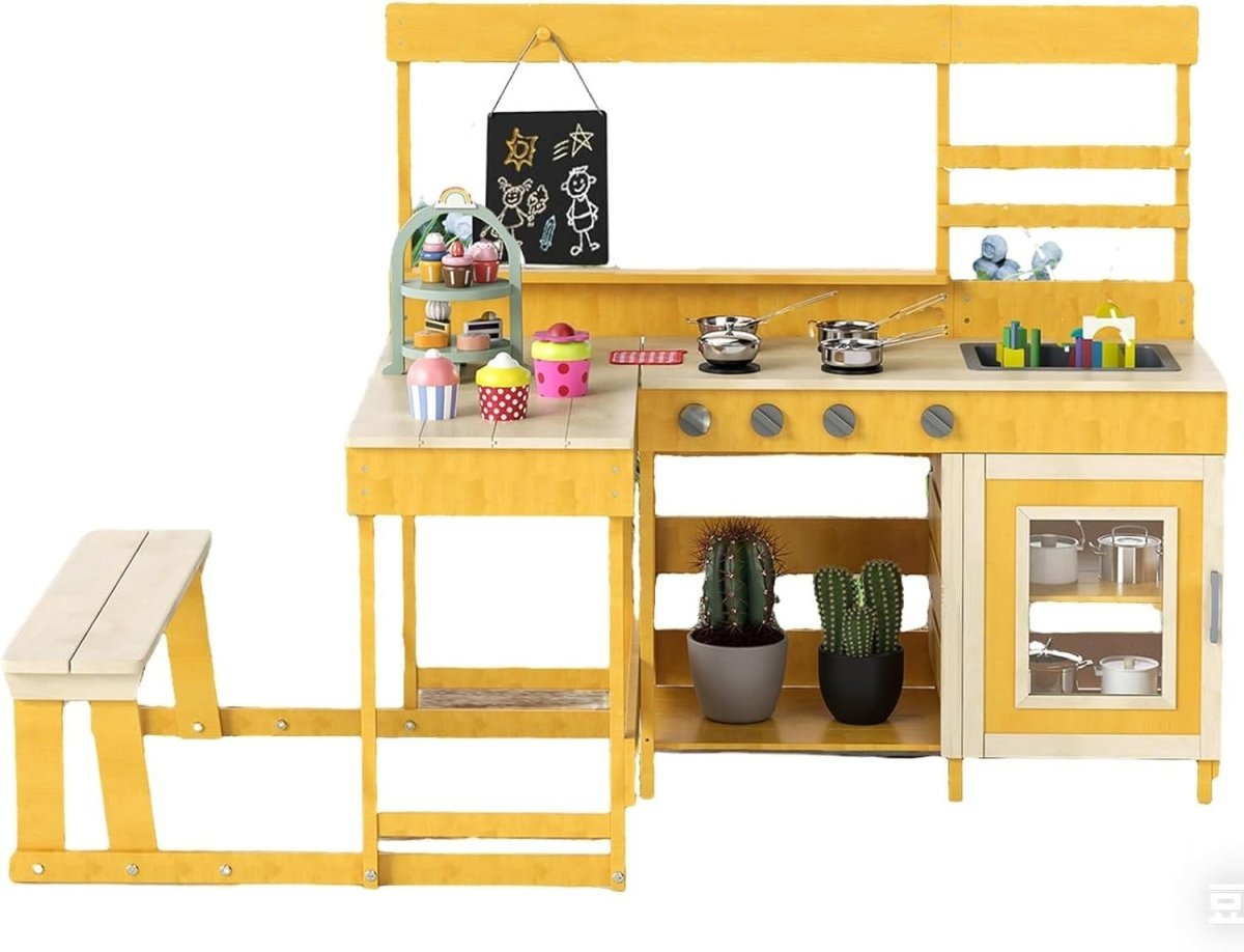 Kids Mud Kitchen Outdoor Wooden Play Kitchen Picnic Table Natural - Kwikley