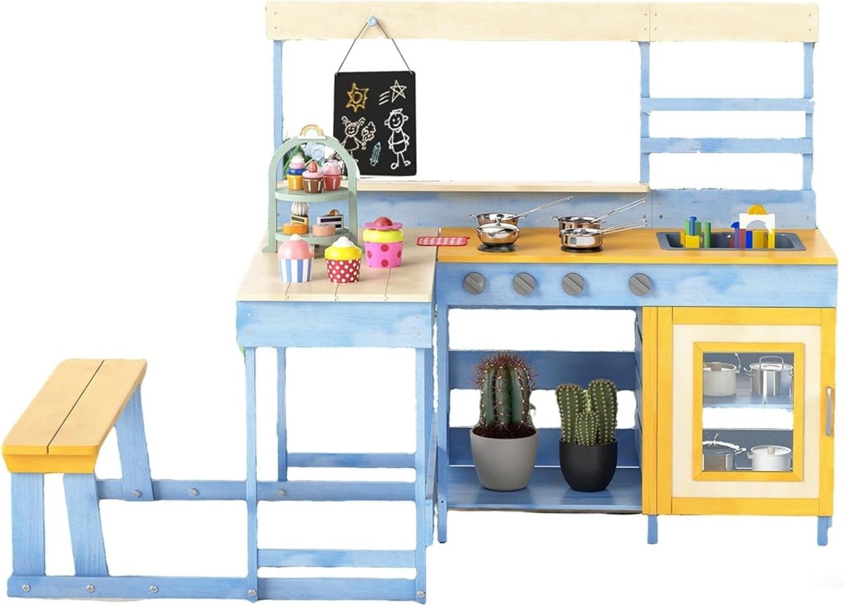 Kids Mud Kitchen Outdoor Wooden Play Kitchen Picnic Table Toy Set - Kwikley