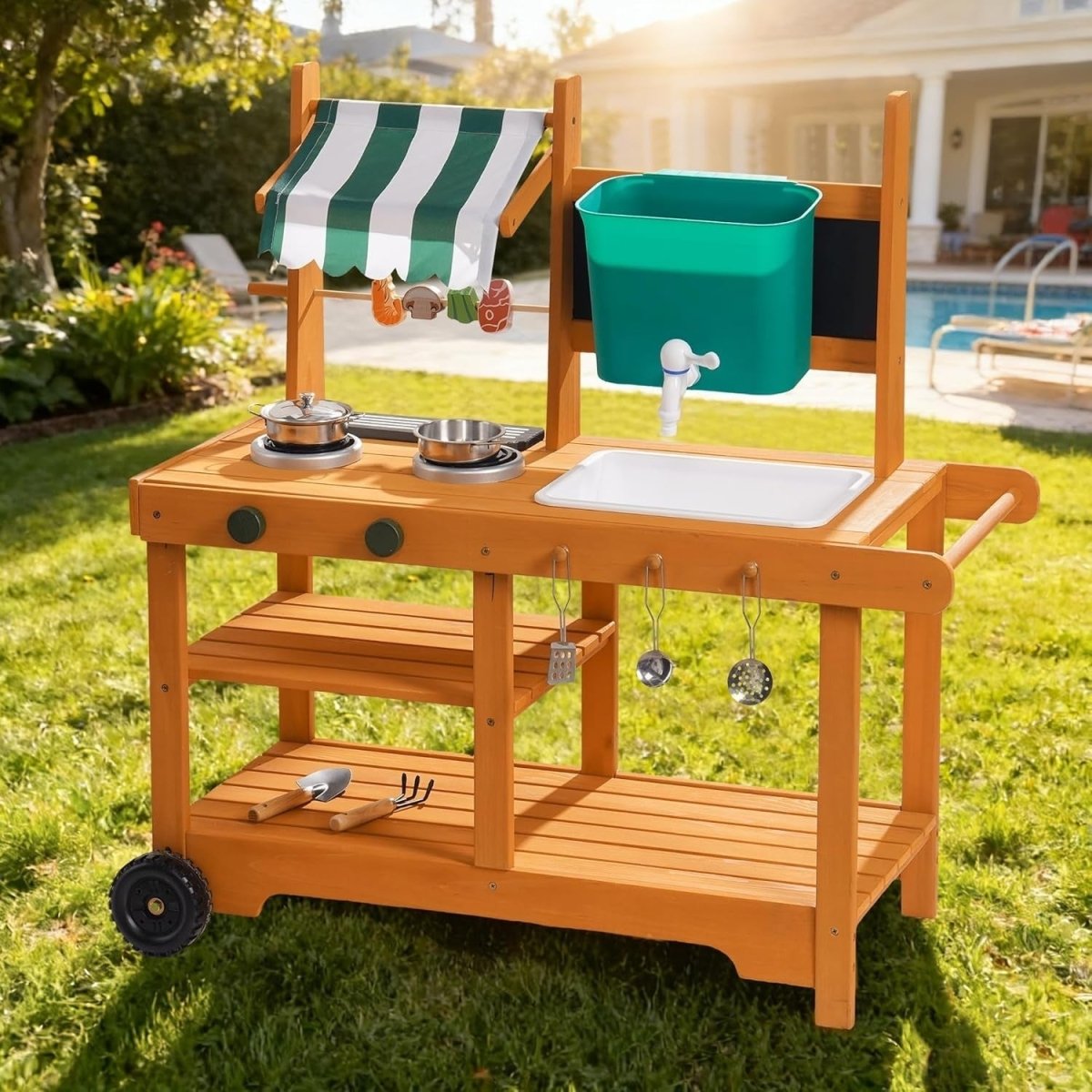 Kids Outdoor Mud Kitchen Wooden BBQ Playset Water Sink with Wheels - Kwikley
