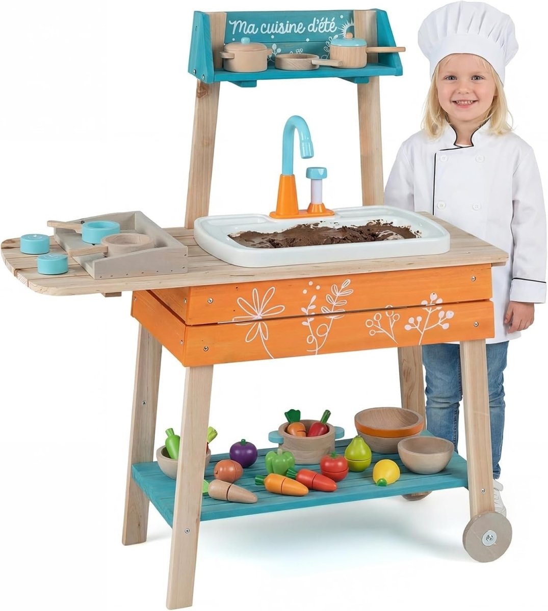 Kids Outdoor Mud Kitchen Wooden Playset Sink Faucet BBQ Toy 3+ - Kwikley