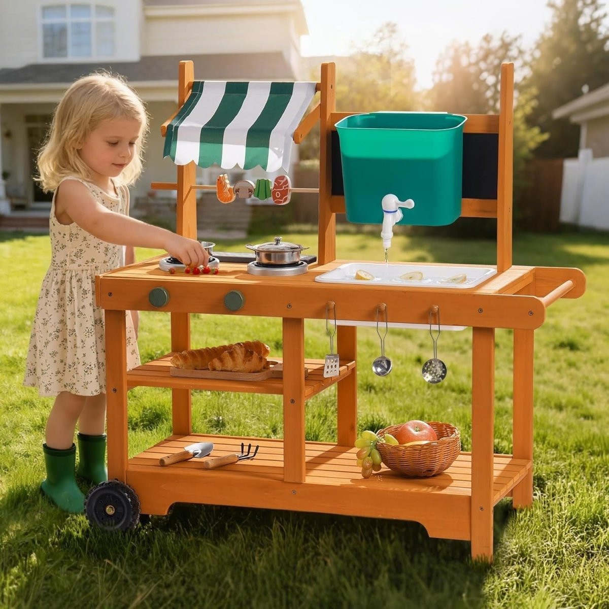 Kids Outdoor Mud Kitchen Wooden Playset Water Sink BBQ Cooking Toy - Kwikley