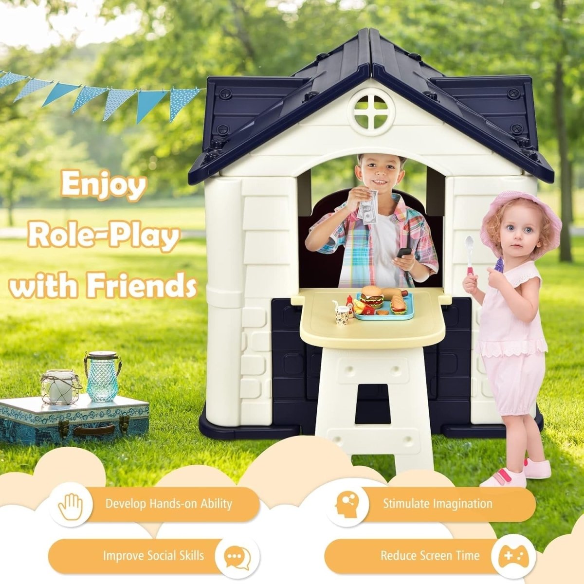Kids Outdoor Playhouse Cottage with Picnic Table Pretend Play Set - Kwikley