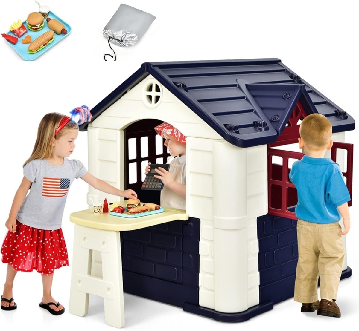 Kids Outdoor Playhouse Cottage with Picnic Table Pretend Play Set - Kwikley
