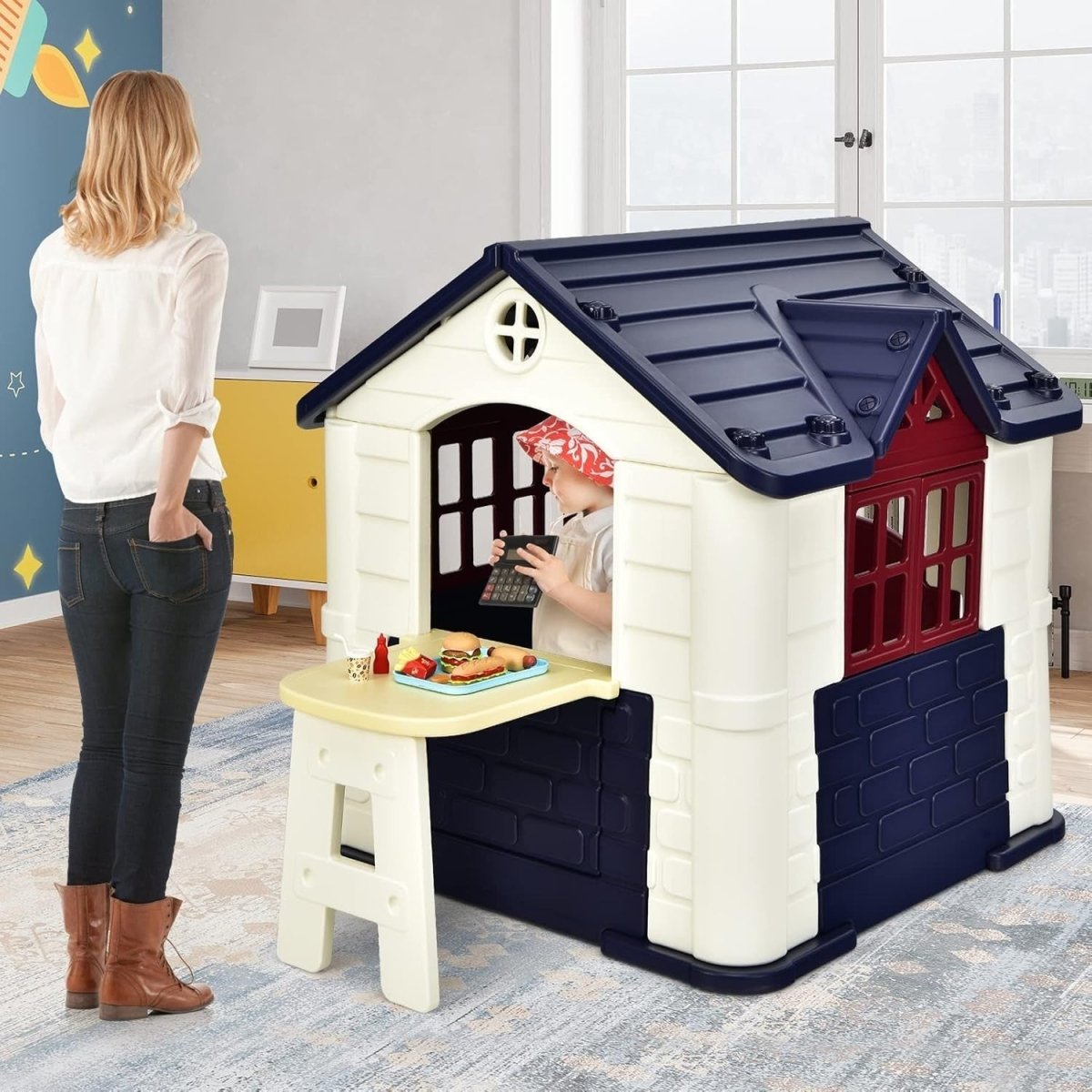 Kids Outdoor Playhouse Cottage with Picnic Table Pretend Play Set - Kwikley
