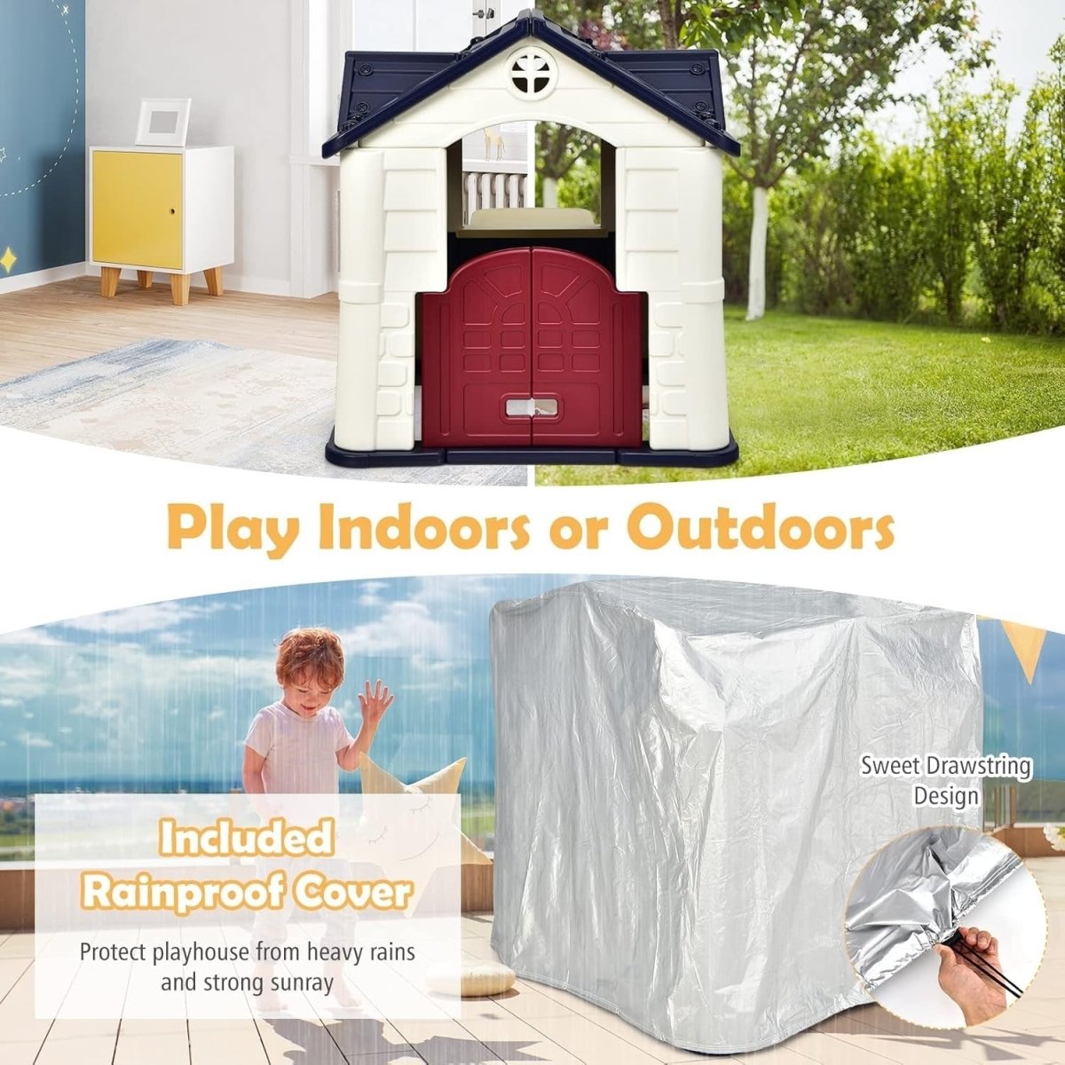 Kids Outdoor Playhouse Cottage with Picnic Table Pretend Play Set - Kwikley