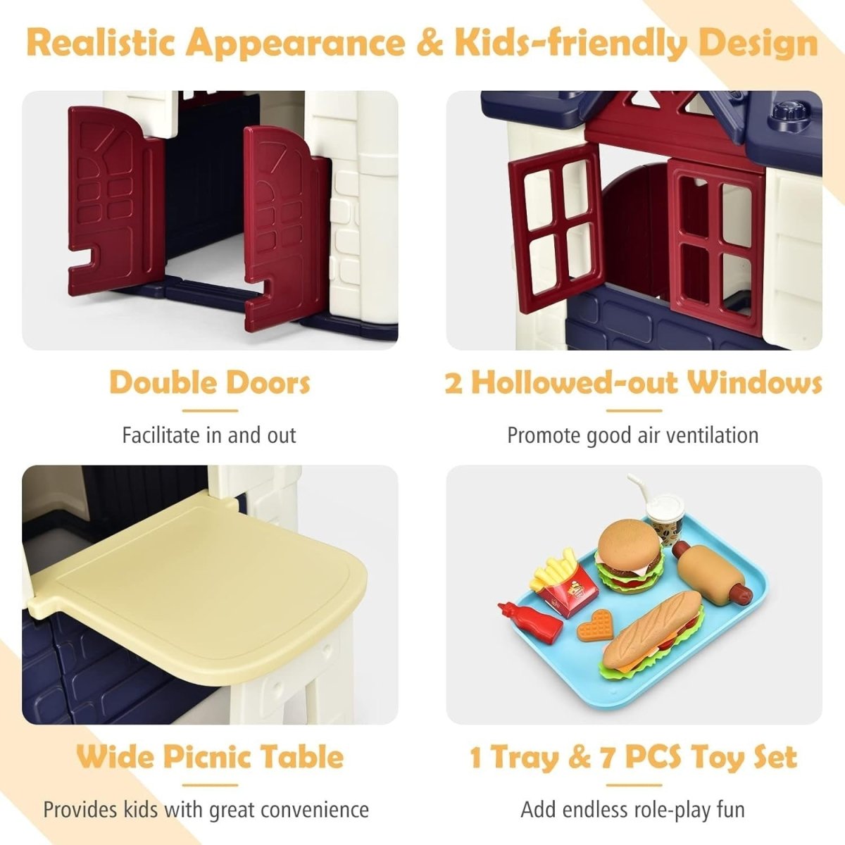 Kids Outdoor Playhouse Cottage with Picnic Table Pretend Play Set - Kwikley