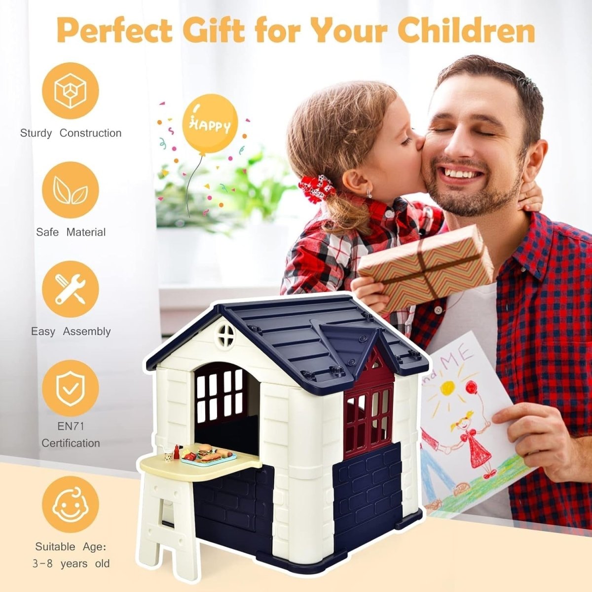 Kids Outdoor Playhouse Cottage with Picnic Table Pretend Play Set - Kwikley