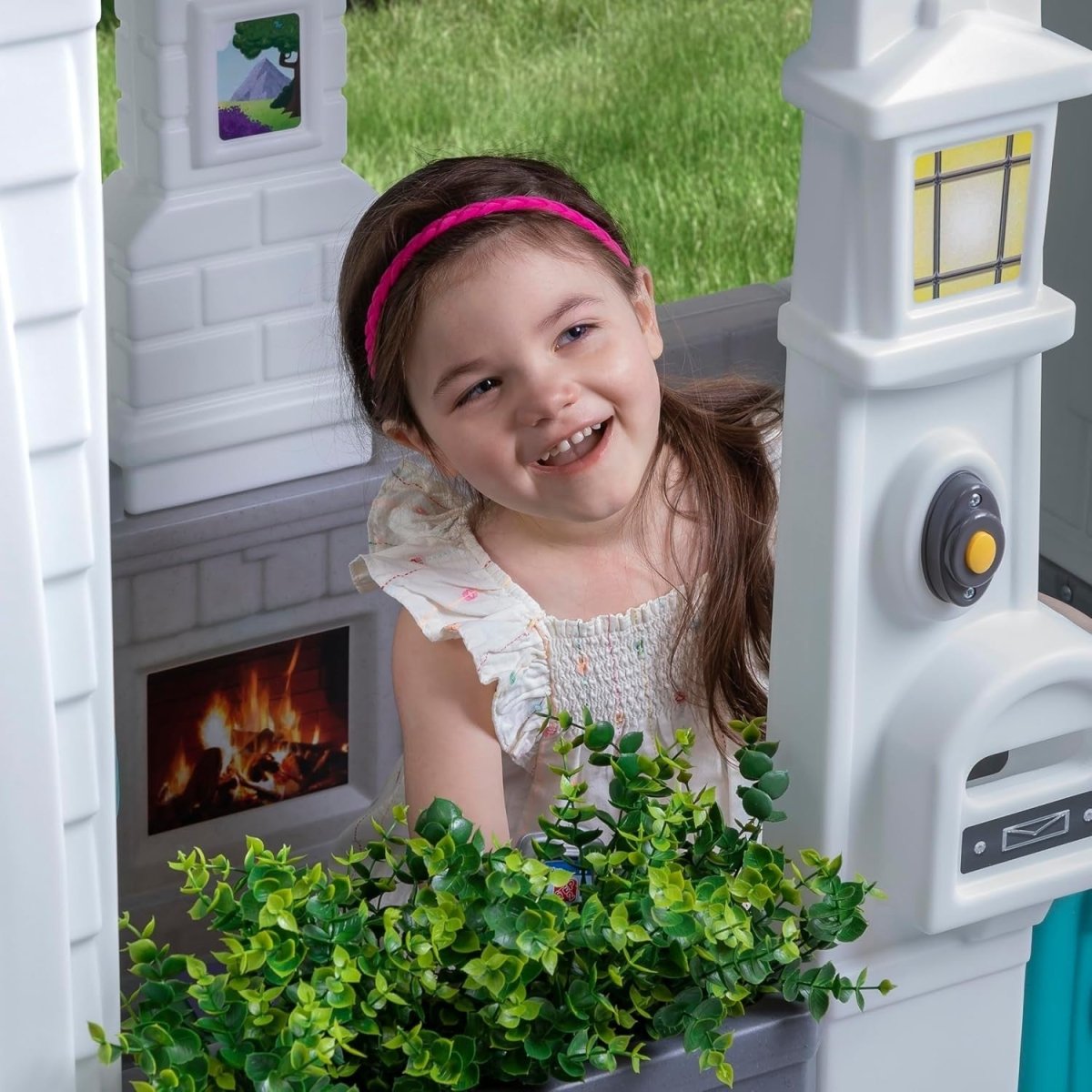 Kids Plastic Cottage Playhouse Outdoor Garden w Kitchen Bell Windows - Kwikley