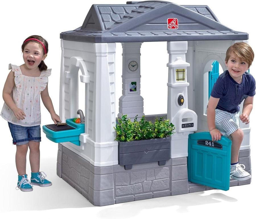 Kids Plastic Cottage Playhouse Outdoor Garden w Kitchen Bell Windows - Kwikley