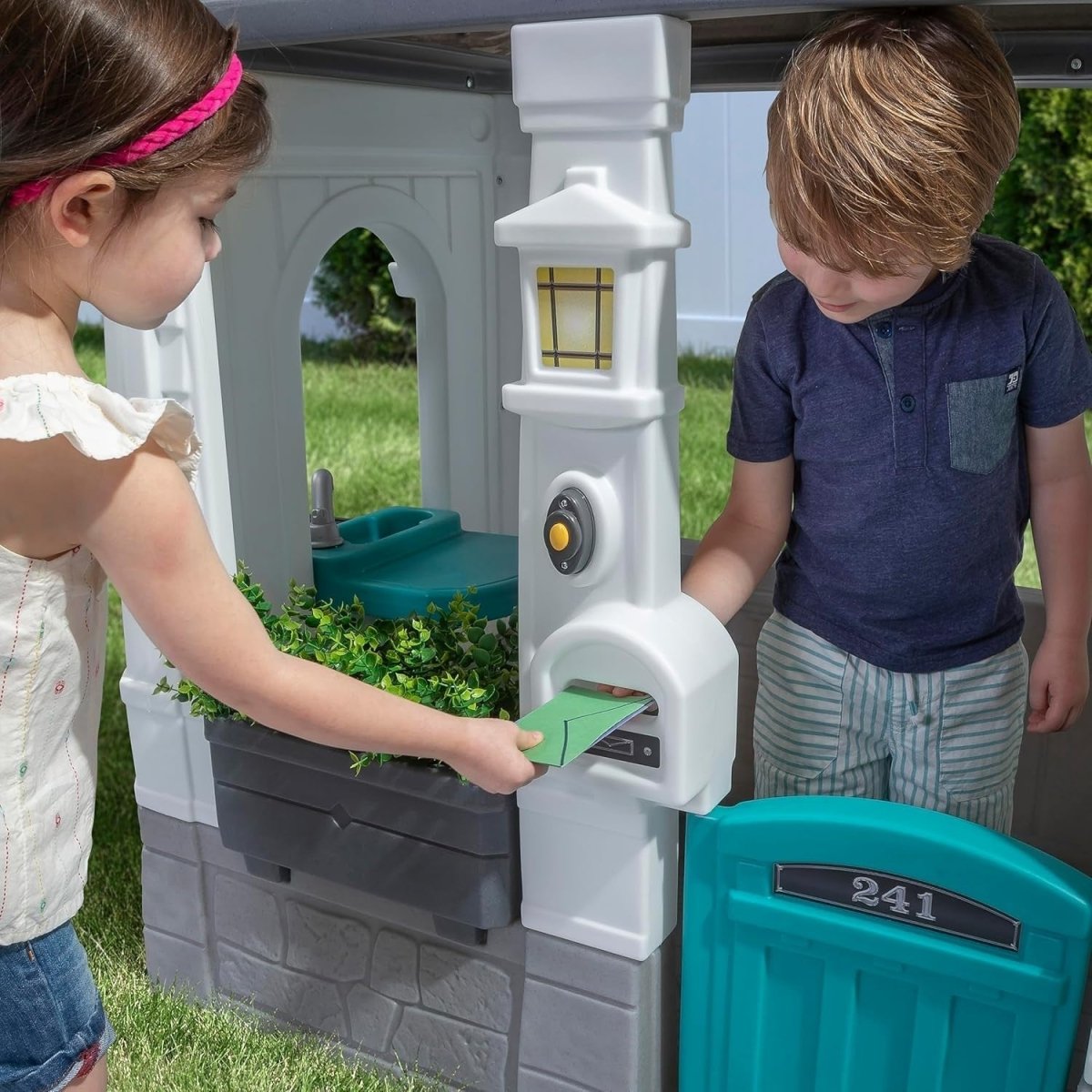 Kids Plastic Cottage Playhouse Outdoor Garden w Kitchen Bell Windows - Kwikley