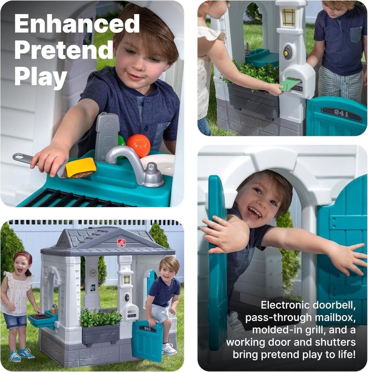 Kids Plastic Cottage Playhouse Outdoor Garden w Kitchen Bell Windows - Kwikley