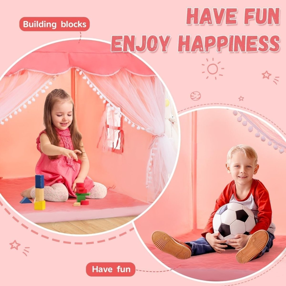 Kids Play Tent with Star Lights & Padded Mat Indoor Princess House - Kwikley