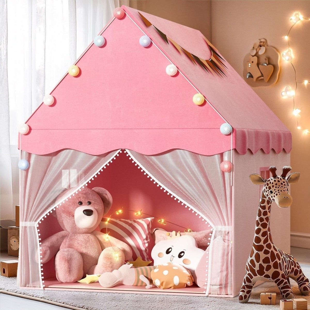 Kids Play Tent with Star Lights & Padded Mat Indoor Princess House - Kwikley