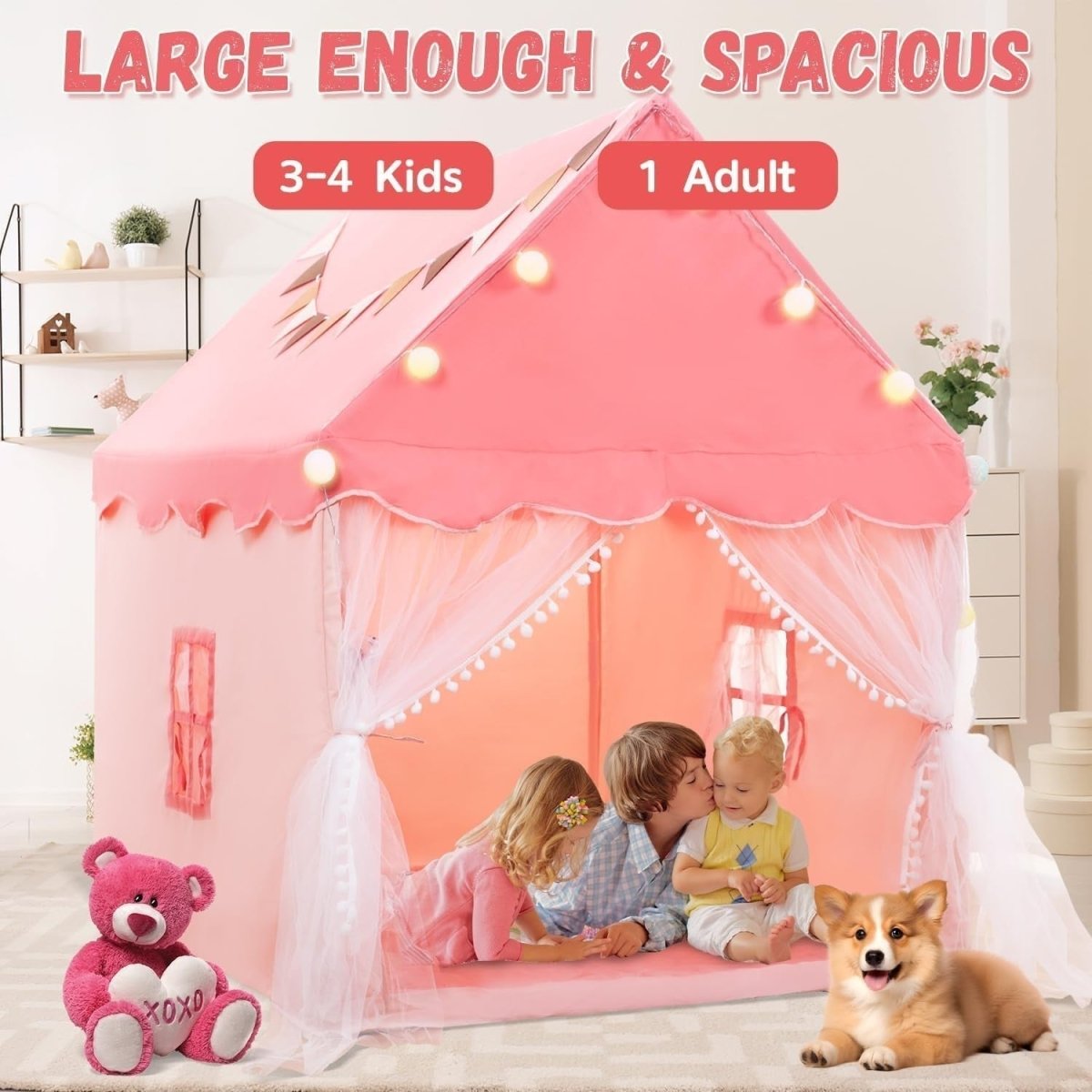 Kids Play Tent with Star Lights & Padded Mat Indoor Princess House - Kwikley