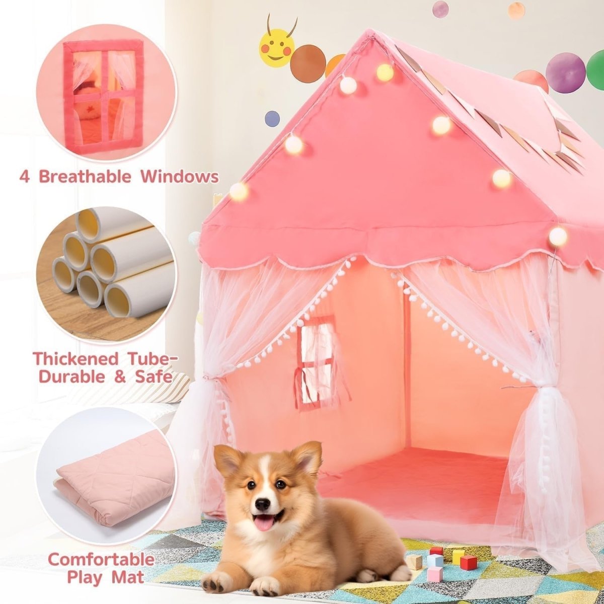 Kids Play Tent with Star Lights & Padded Mat Indoor Princess House - Kwikley