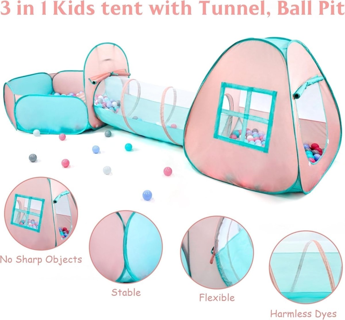 Kids Pop Up Playhouse Tent With Crawl Tunnel & Ball Pit Set - Kwikley