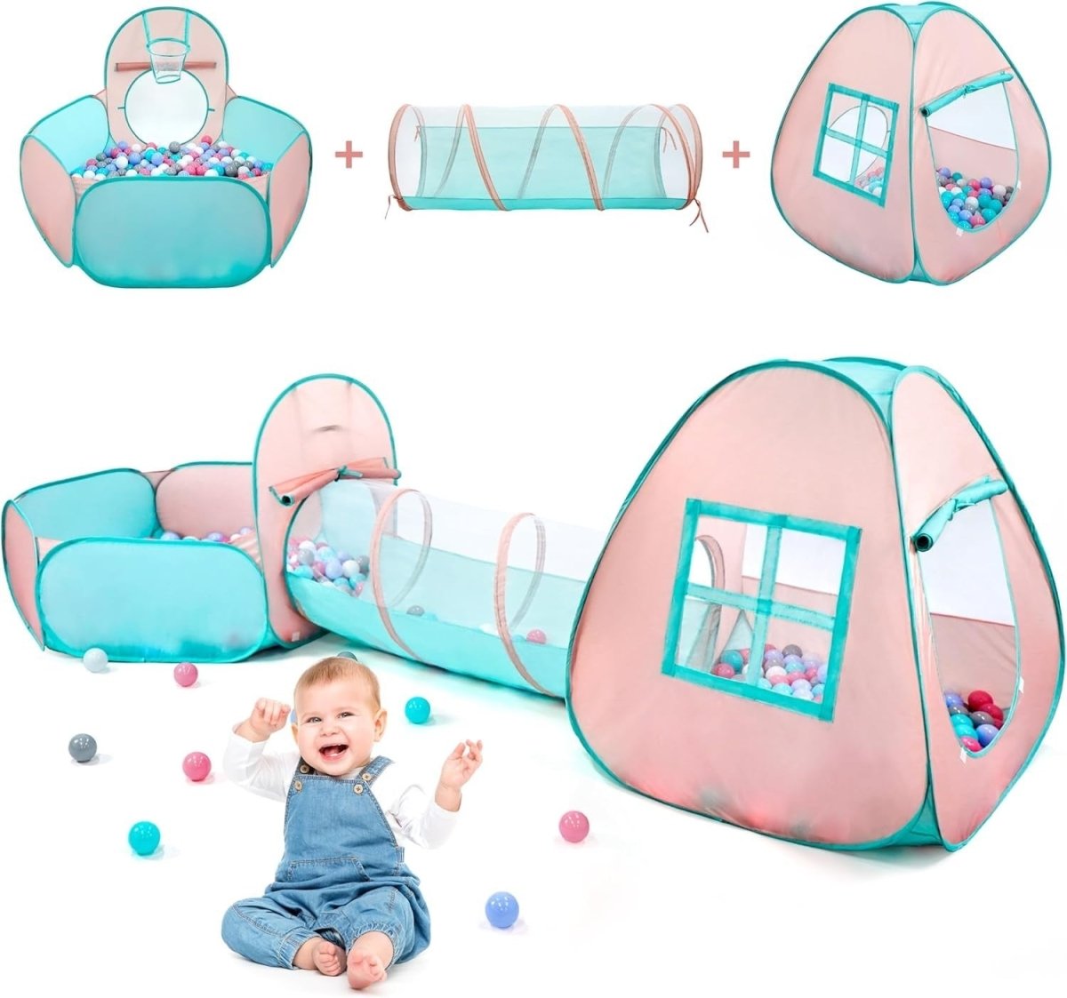 Kids Pop Up Playhouse Tent With Crawl Tunnel & Ball Pit Set - Kwikley