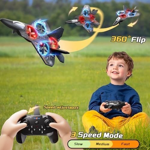 Kids RC Airplane Drone with Lights, 360° Flips, Auto Hover, Easy Flight - Kwikley