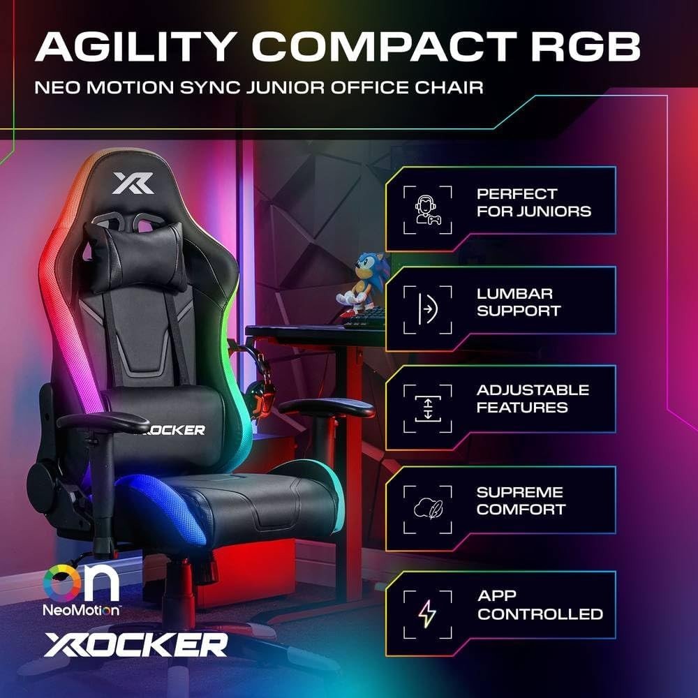 Kids RGB Gaming Chair High Back LED eSports Chair Adjustable Black - Kwikley