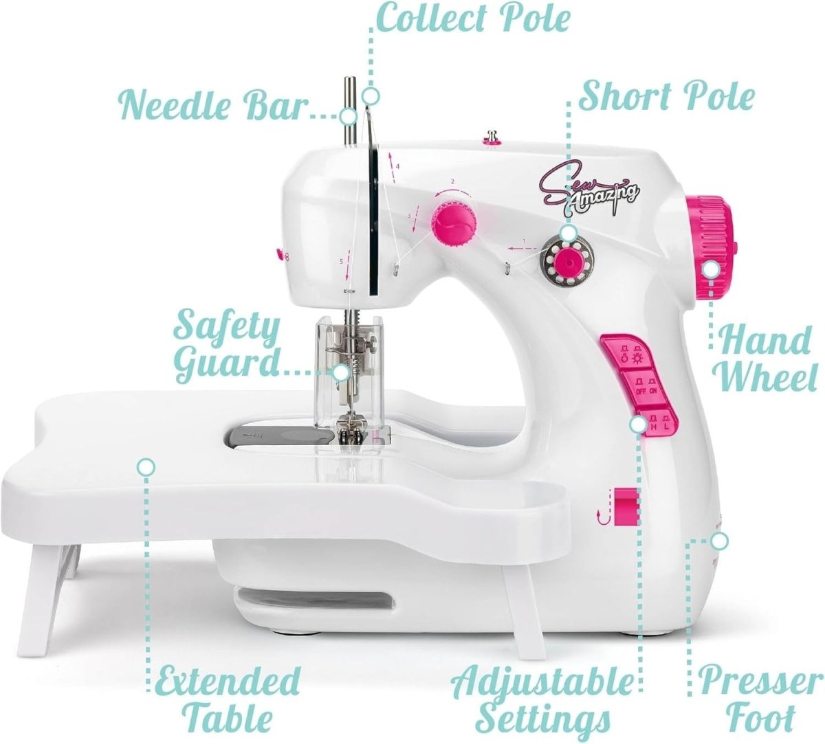 Kids Sewing Machine Kit Foot Pedal Extendable Table 2 Speed White - Kwikley