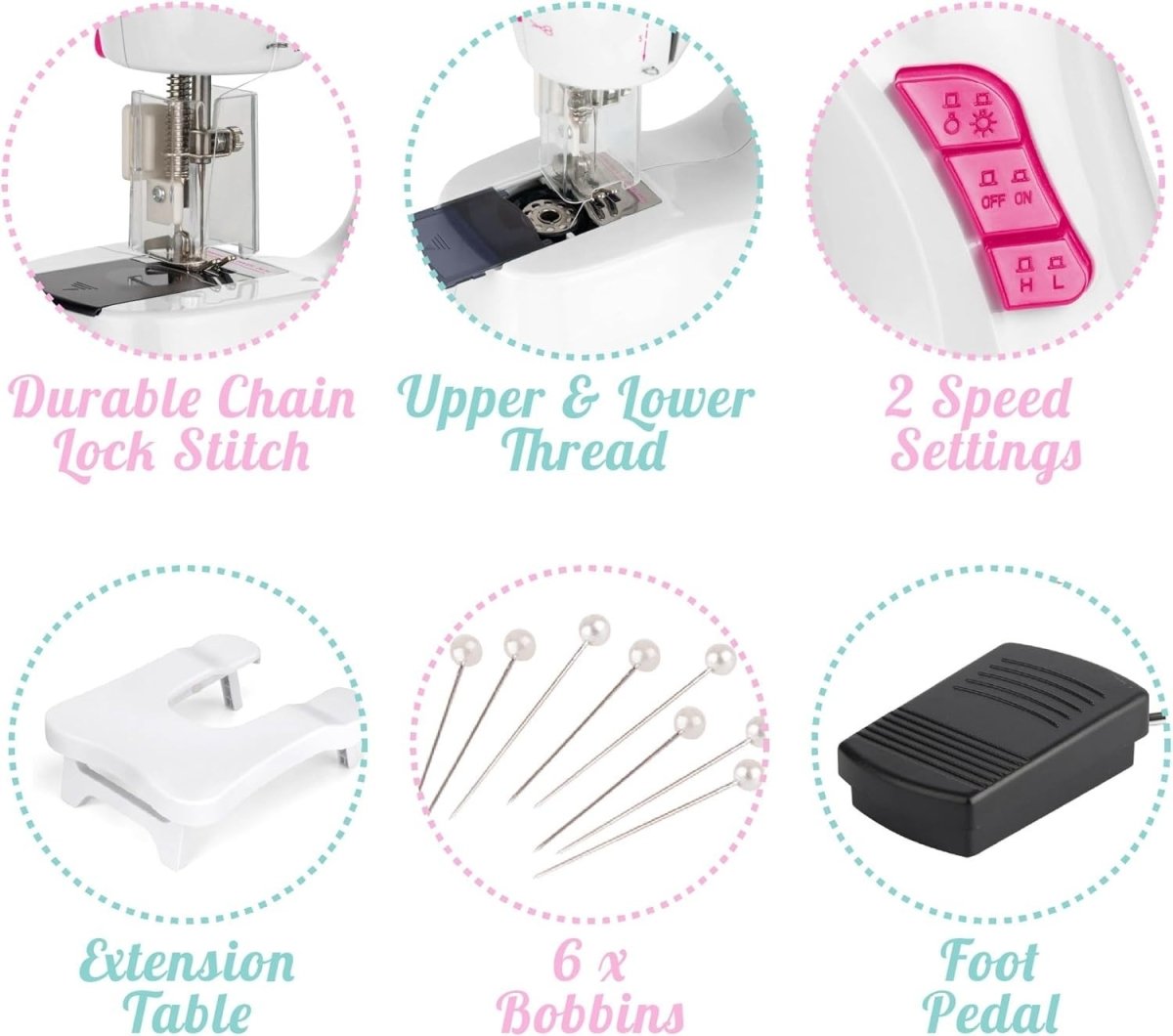 Kids Sewing Machine Kit Foot Pedal Extendable Table 2 Speed White - Kwikley